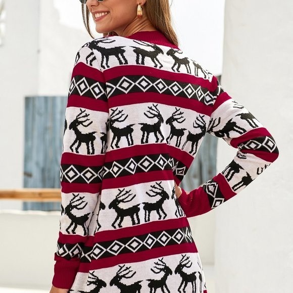 Red Christmas Elk Print Buttoned V Neck Knitted Sweater - Picture 6 of 11